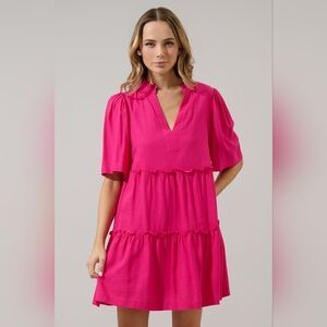 CeCe Hot Pink Mini Dress Ruffle V- Neck Tiered Short Slevees BarbieCore Bold